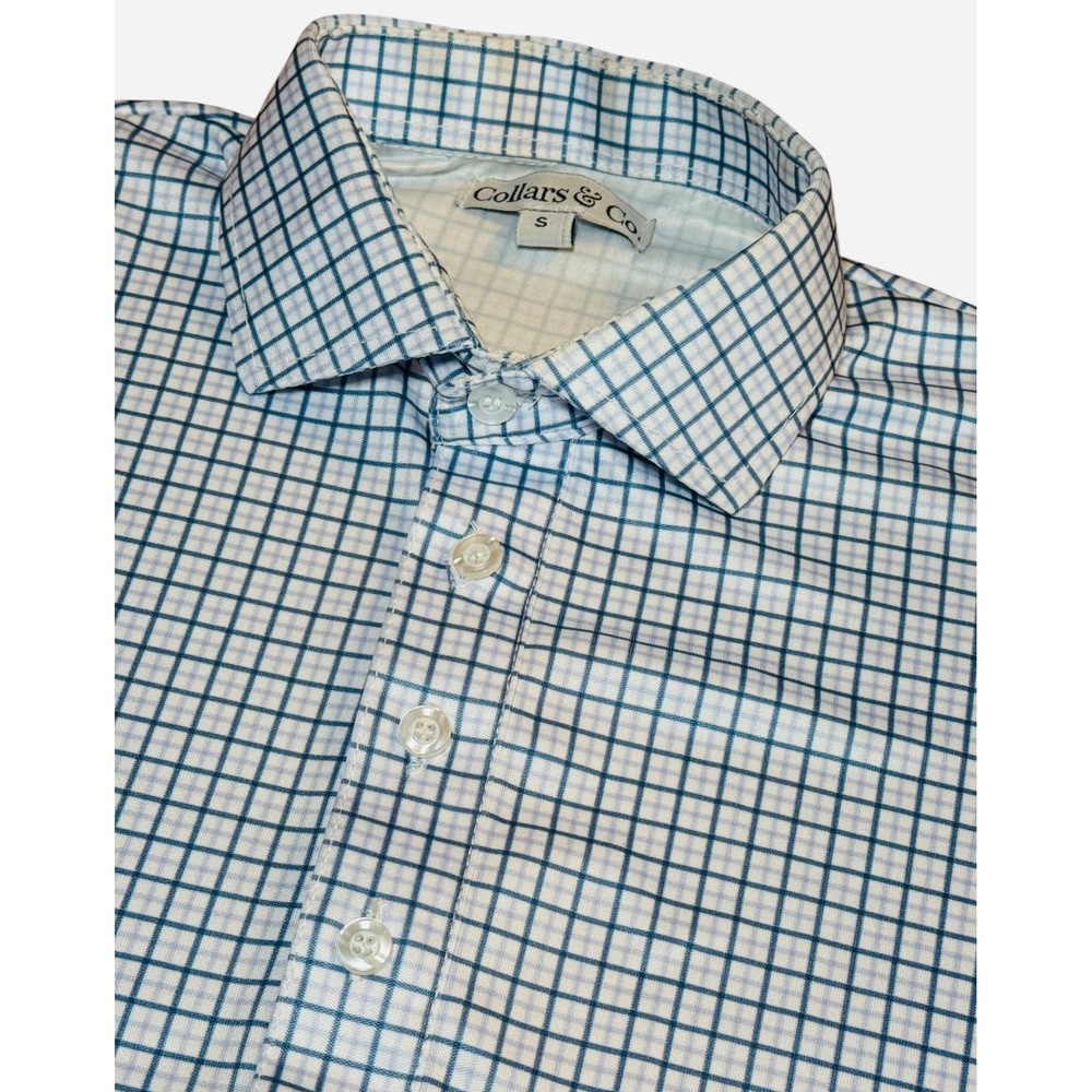 Collars & Co Mens Small Dress Collar Polo Shirt Blue White Check Short Sleeve